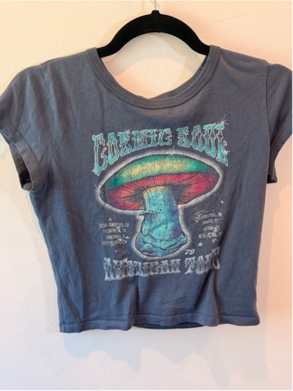 Women's Hollister Crop‎ Top S Gray Mushroom Graphic y2k cosmic soul
